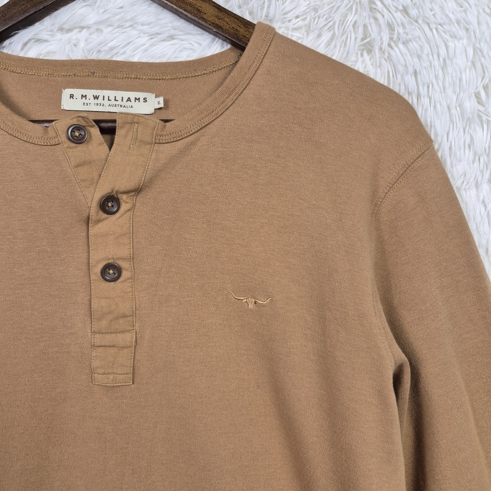 RM Williams Mens Tan Long Sleeve‎ Henley Shirt Sz XL Western 100% Cotton Slim
